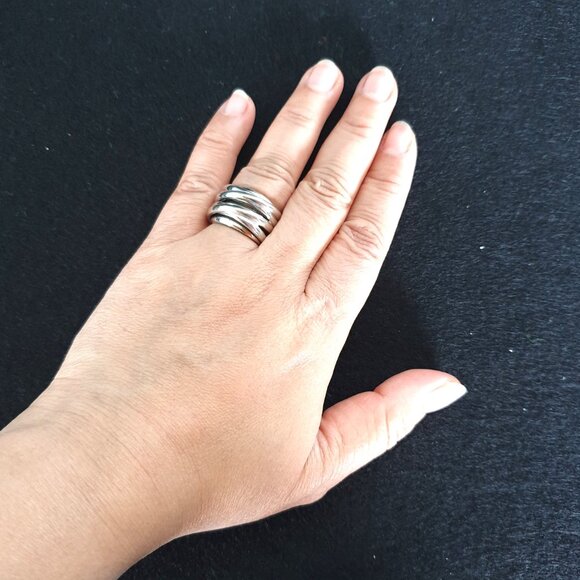 Chunky Vintage Sterling Silver Multi-Banded Interlocking Modernist Ring - Picture 3 of 15